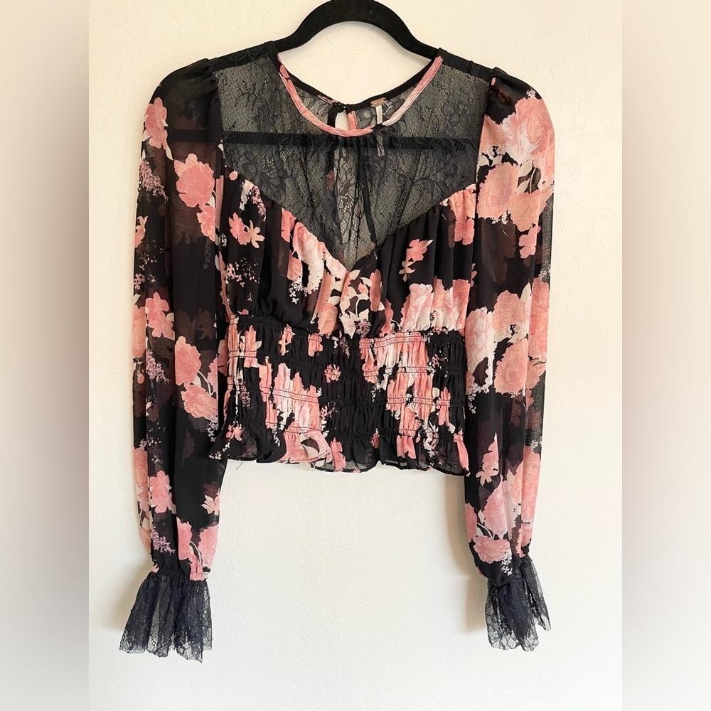 Free People Black Floral Daphne Blouse in Midnight Combo Size Small